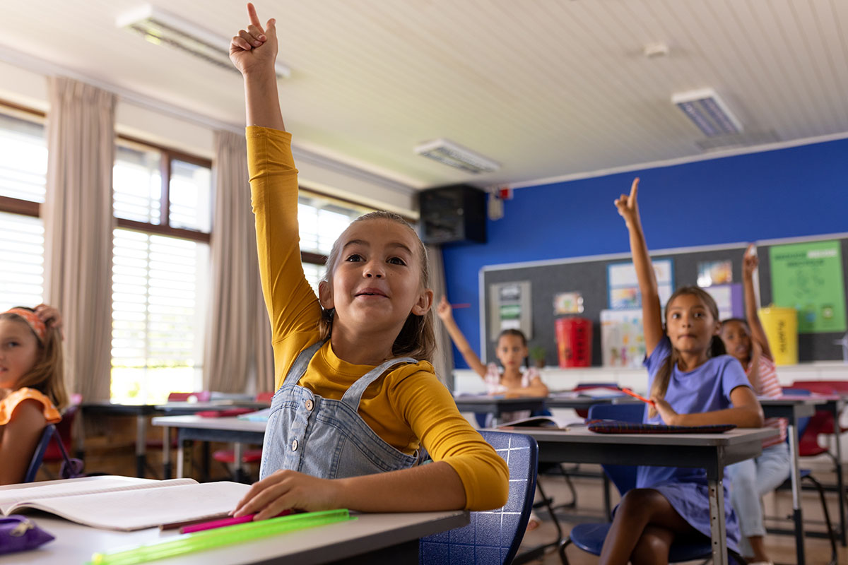 Students raising their hands in a classroom